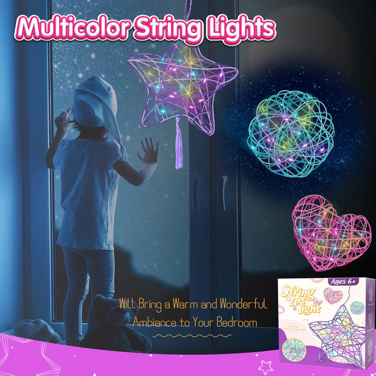 ESOXOFFORE 3D String Art Kit for Kids,Christmas Birthday Gifts for 8 9 10 11 12 Year Old Girls Boys,Arts and Crafts for Girls Ages 8-12 Heart Star Round Lantern Toys 20 Multi-Colored LED Bulbs