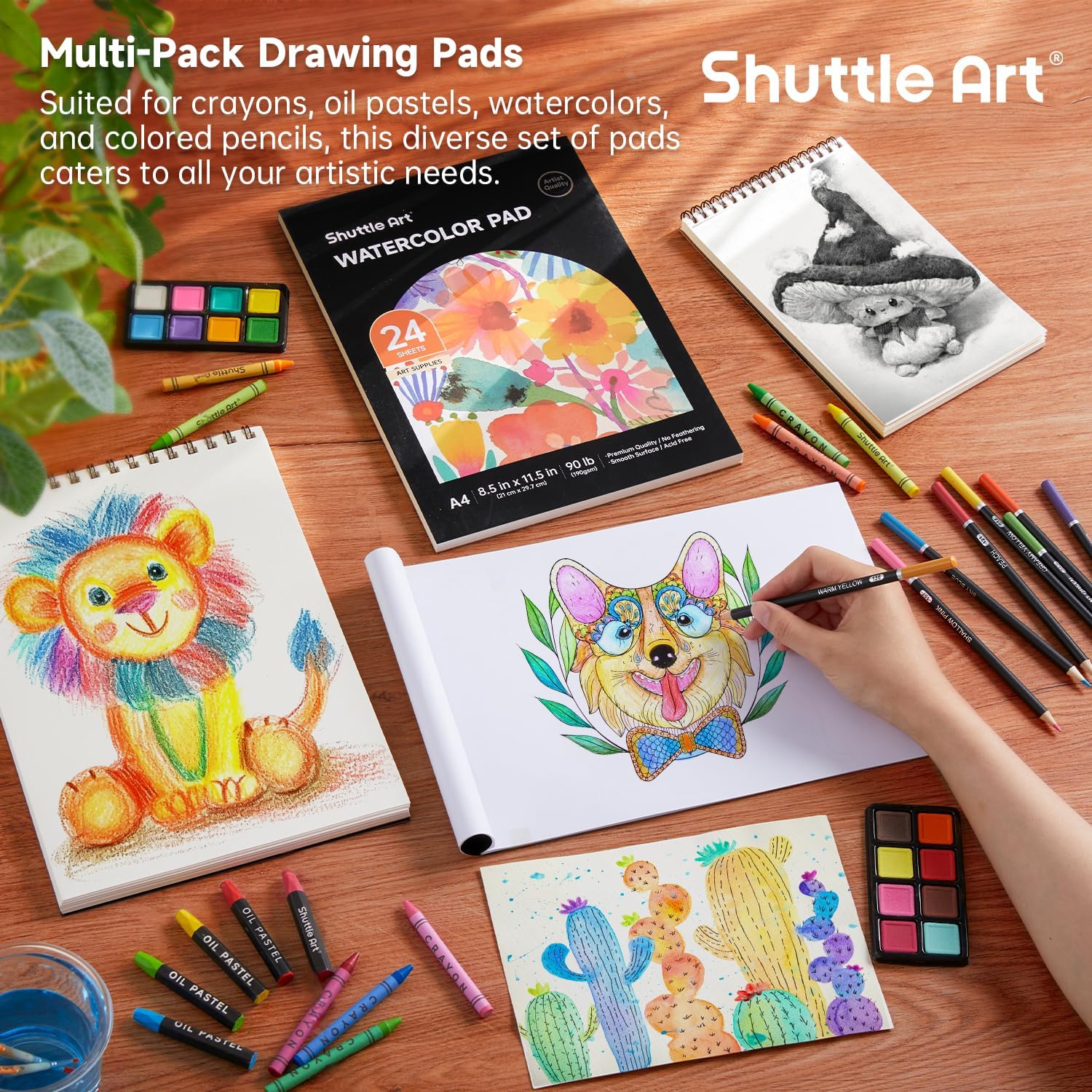 Shuttle Art 149 Piece Deluxe Art Set, Art Supplies in Wooden Case, Painting Drawing Art Kit with Crayons Colored Pencils Oil Pastels Watercolor Cakes Coloring Book Sketch Pad for Kids Adults