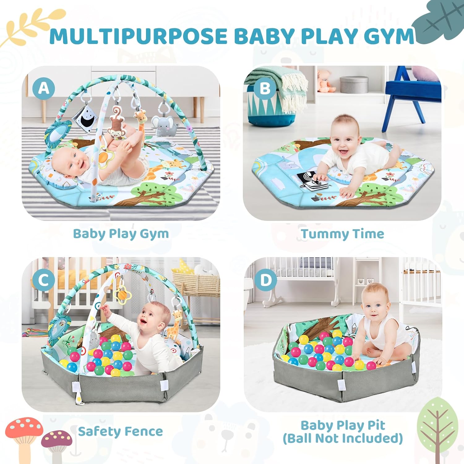 Baby Gym Play Mat, 8-in-1 Tummy Time Mat & Ball Pit with 6 Toys, Washable Baby Activity Play Mat for Visual, Hearing, Sensory, Motor Development, Baby Toys Gift for Toddler Infant 0-3-6-9-12 Months