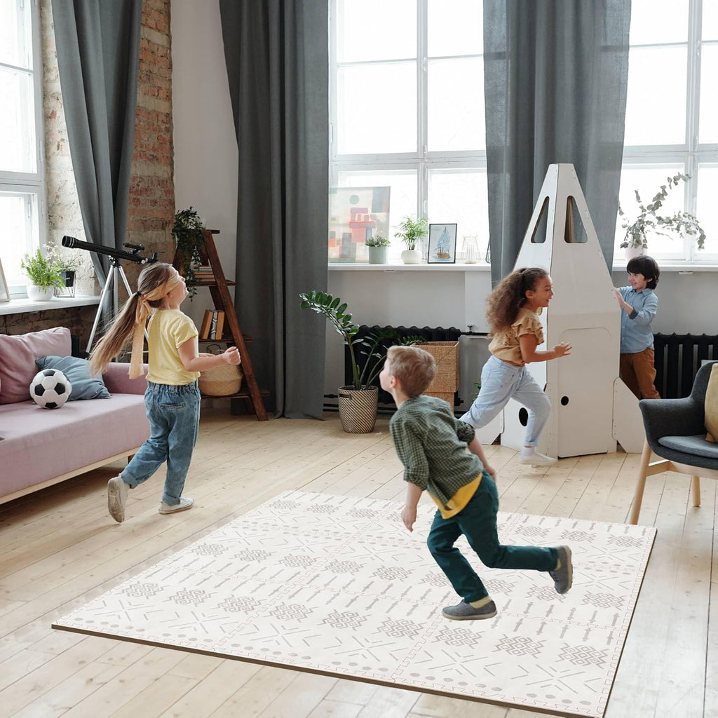 MOON WALKERS Stylish Boho Baby Play Mats for Floor,(6x6ft) Play Mat for Babies and Toddlers, Non-Toxic, Soft, Thick, Tummy Time Mat for Crawling (Extra Large 9 Tiles, Ivory Aztec)