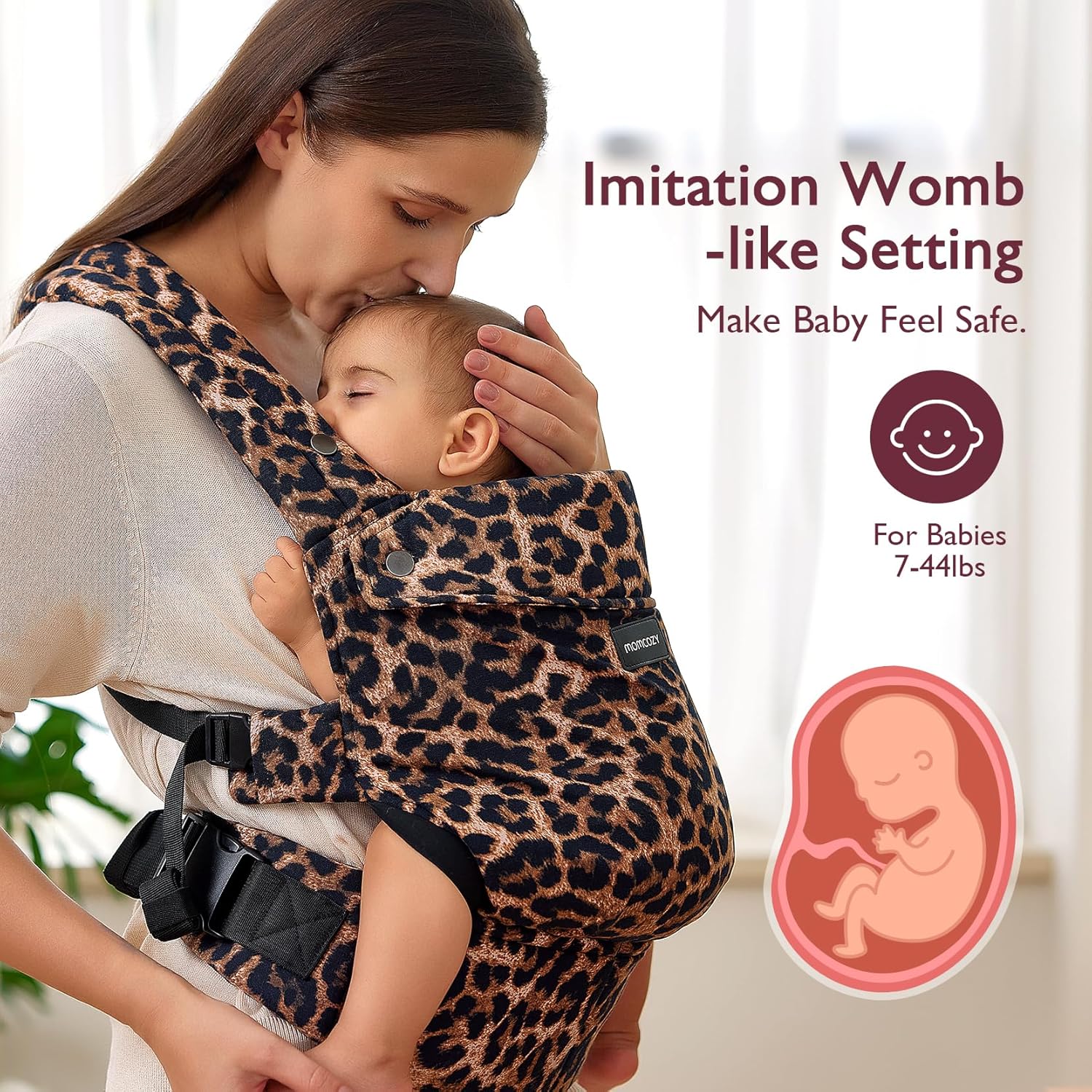 Momcozy Baby Carrier - Ergonomic, Cozy and Lightweight Carrier for 7-44lbs, Effortless to Put On, Ideal for Hands-Free Parenting, Enhanced Lumbar Support, Purehug for Infant to Toddler, Leopard