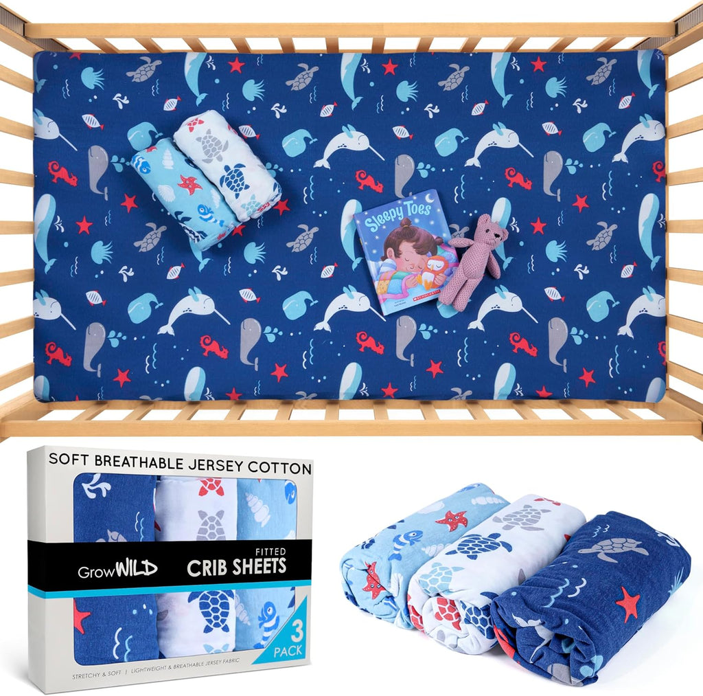 GROW WILD Blue Ocean Baby Crib Sheets for Boys (3 Pack) - Jersey Knit Fitted Sheet (52" x 28"), Toddler Bedding Set & Baby Boy Crib Bedding Set, Turtles and Sea Animals Theme