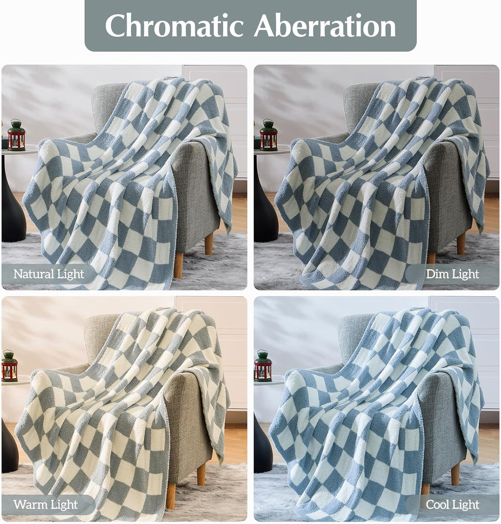 WRENSONGE Checkered Throw Blanket, Grey Blue Soft Cozy Fluffy Warm Hand Made Throw Blankets for Couch, Sofa, Chair, Bed, Camping, Picnic, Travel Lightweight Bed Blanket - 60"*80"