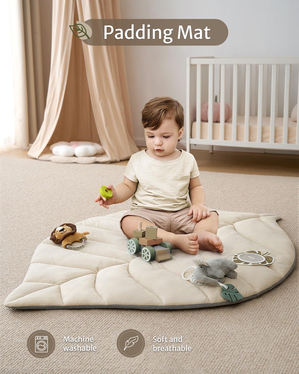 Blissful Diary Baby Play Gym & Activity Mat, Leaf Shaped Baby Tummy Time Play Mat with 6 Detachable Toys