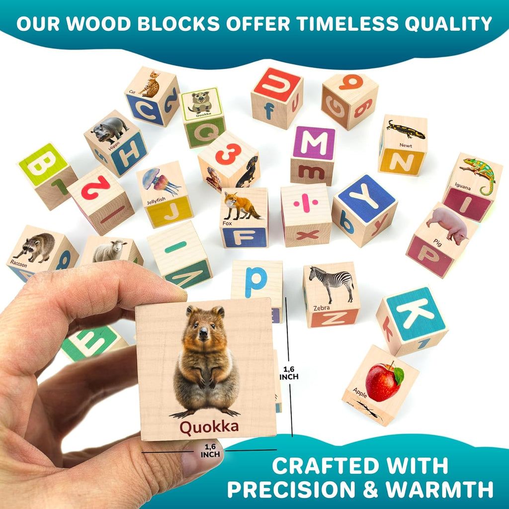 QUOKKA Montessori Wooden Blocks for Toddlers 1-3 - 35 Realistic ABC Learning Baby Blocks for Kids 3-5 Year Olds - Stacking Alphabet Wood Toys for 2-4 yo - Learn Letters Numbers