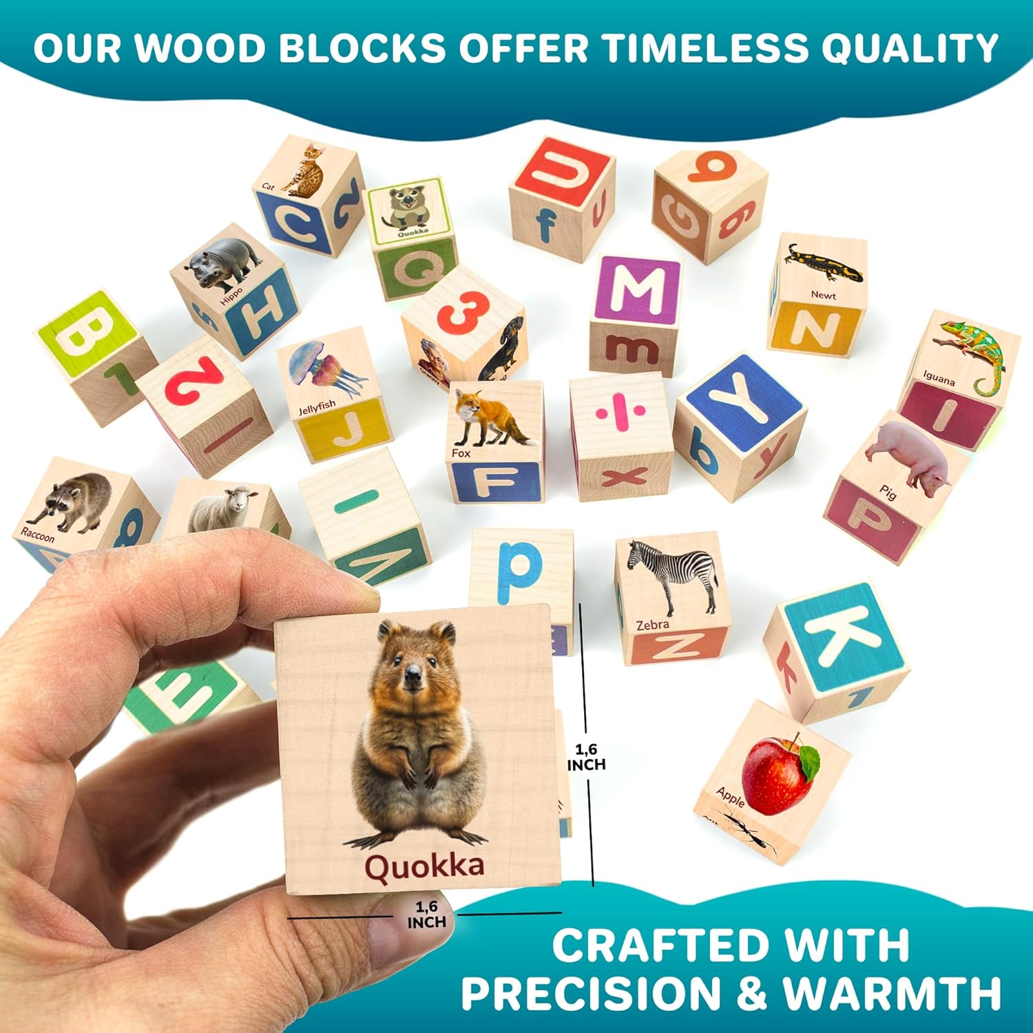 QUOKKA Montessori Wooden Blocks for Toddlers 1-3 - 35 Realistic ABC Learning Baby Blocks for Kids 3-5 Year Olds - Stacking Alphabet Wood Toys for 2-4 yo - Learn Letters Numbers