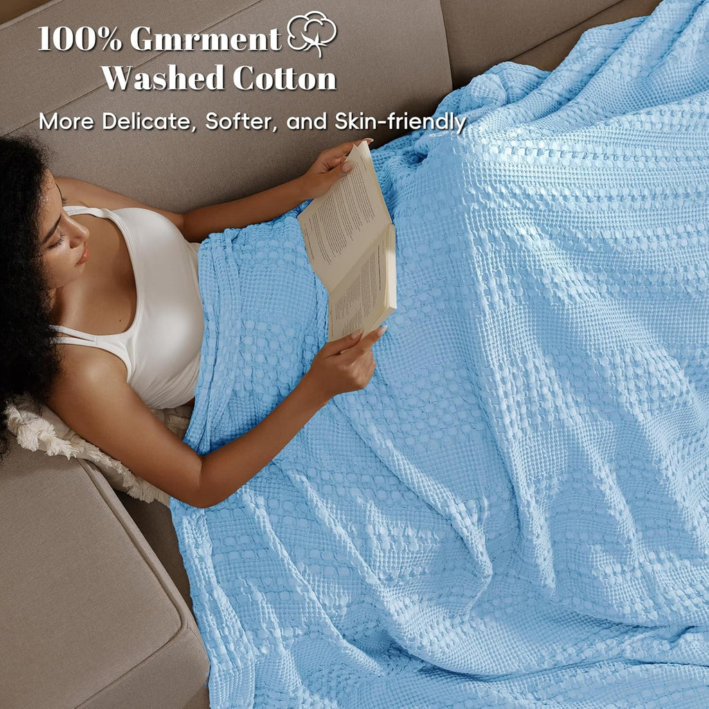 PHF 100% Cotton Waffle Weave Blanket Queen Size, Soft Lightweight Breathable Cozy Summer Blankets for Bed, Luxury Aesthetic Woven Bedding for Home Decor, 90"x90", Sky Blue