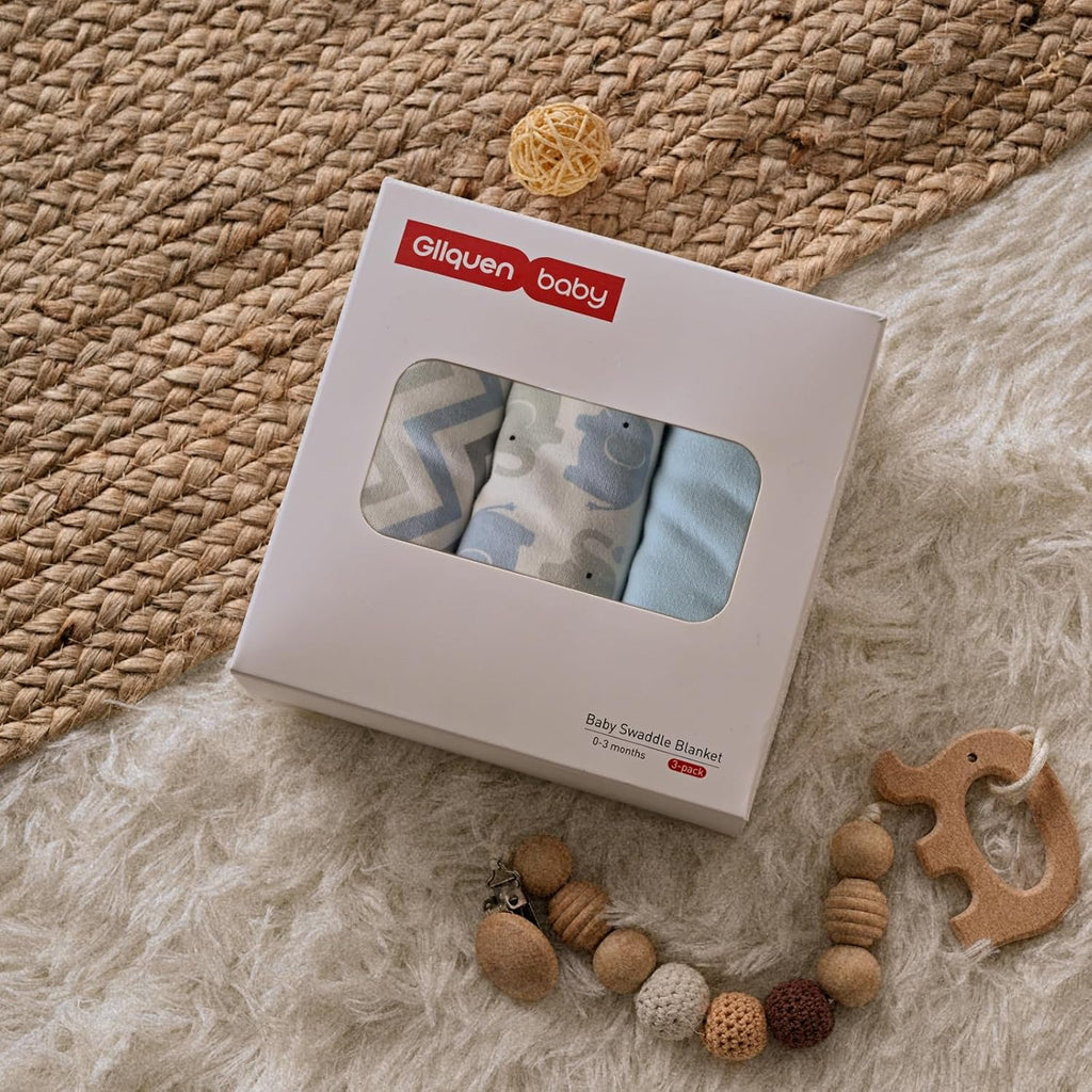 GLLQUEN BABY Swaddle Sleep Sack - 3 Pack Infant Swaddles for Newborn, Baby Swaddling Sack 0-3 Months, Ergonomic Newborn Swaddle Blanket for Baby Boy and Girl, Blue & Elephants