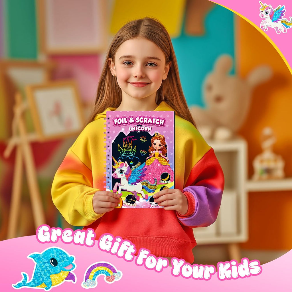 homicozy Art & Craft Activity for Kids: Foil Fun Unicorns and Princess & Scratch Art Book 2-in-1,No Mess Art Crafts for Girls,DIY Creative Activity Kit,Gifts for Girls Ages 4,5,6,7,8,9, Travel Toys