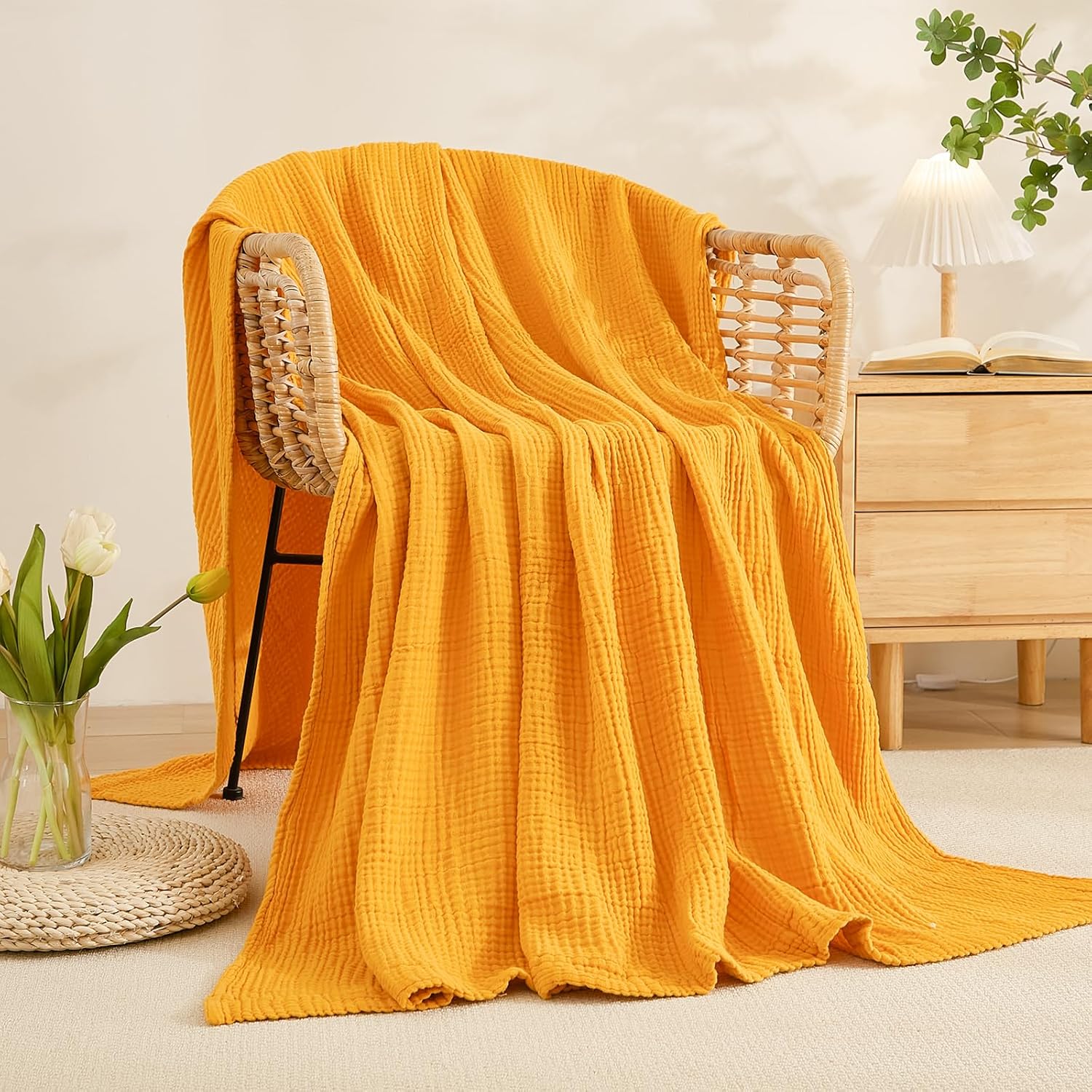 EMME Cotton Blanket Queen Size for Bed Soft Large Muslin Bed Blankets 90"x90" Lightweight Breathable All Season Gauze Blanket, Mustard Yellow