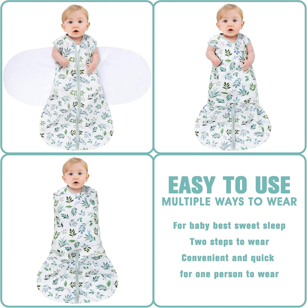 Newborn Sleep Sack Baby Swaddle,Swaddle me 6-12 Month,3-Way Adjustable Wearable Blanket,100% Rayon Cotton Swaddling Sleeping Bag，TOG 0.5 (Leaf, 6-12 Months)