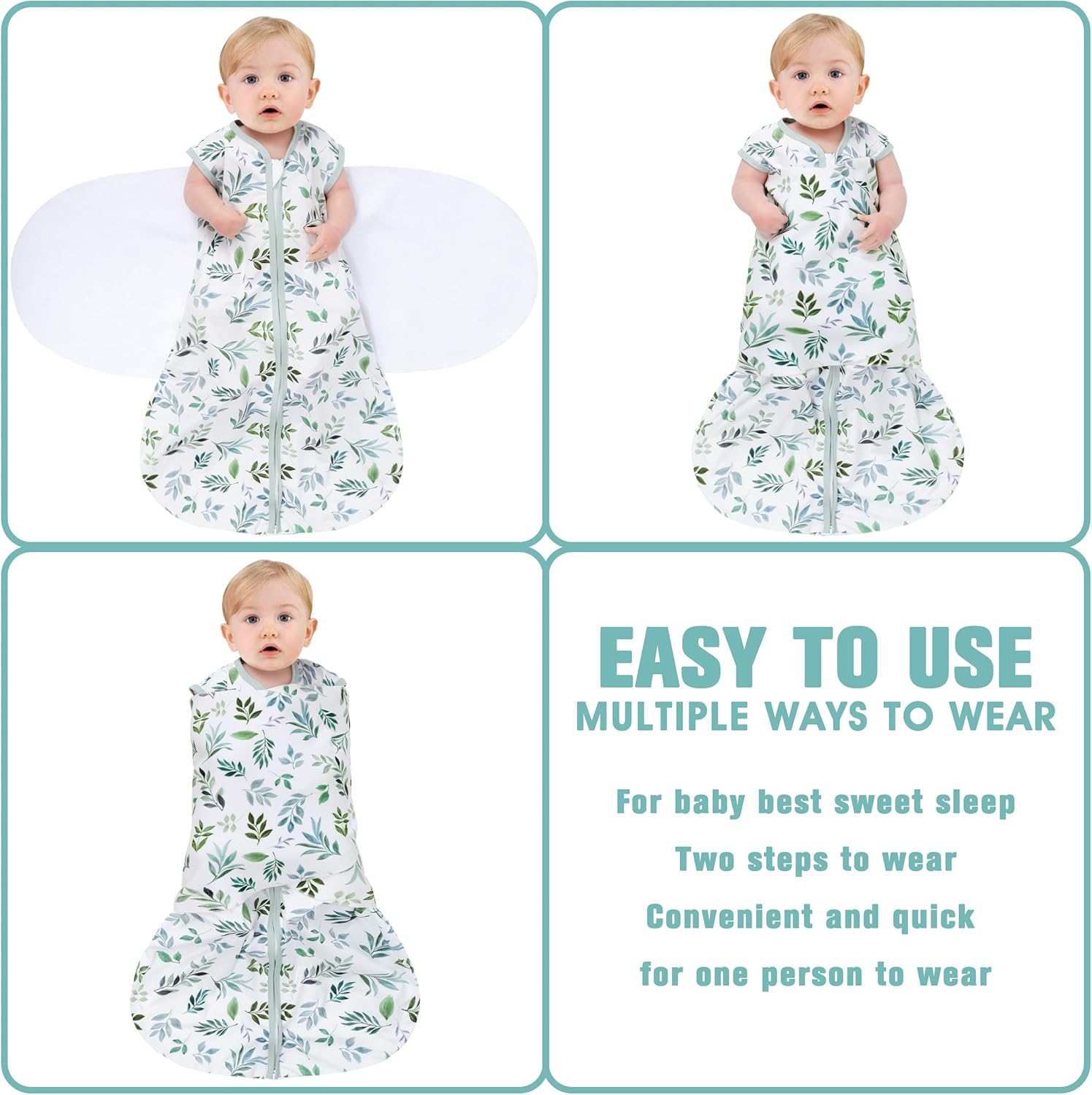 Newborn Sleep Sack Baby Swaddle,Swaddle me 3-6 Month,3-Way Adjustable Wearable Blanket,100% Rayon Cotton Swaddling Sleeping Bag，TOG 0.5 (Leaf, 3-6 Months)