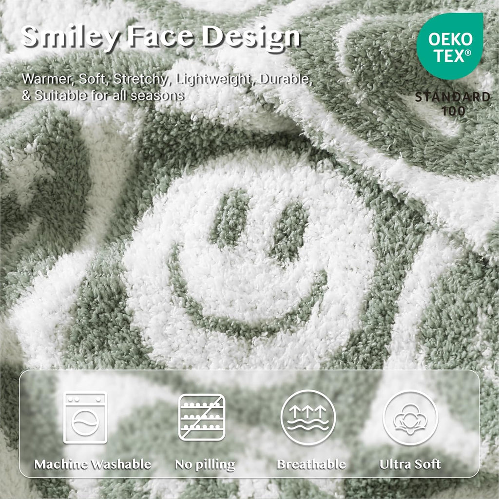 WRENSONGE Checkered Throw Blanket Seagrass Smiling Face Soft Cozy Fluffy Warm Hand Made Weave Throw Blankets for Couch, Sofa, Chair, Bed, Camping, Picnic, Travel Lightweight Bed Blanket - 60"*80"