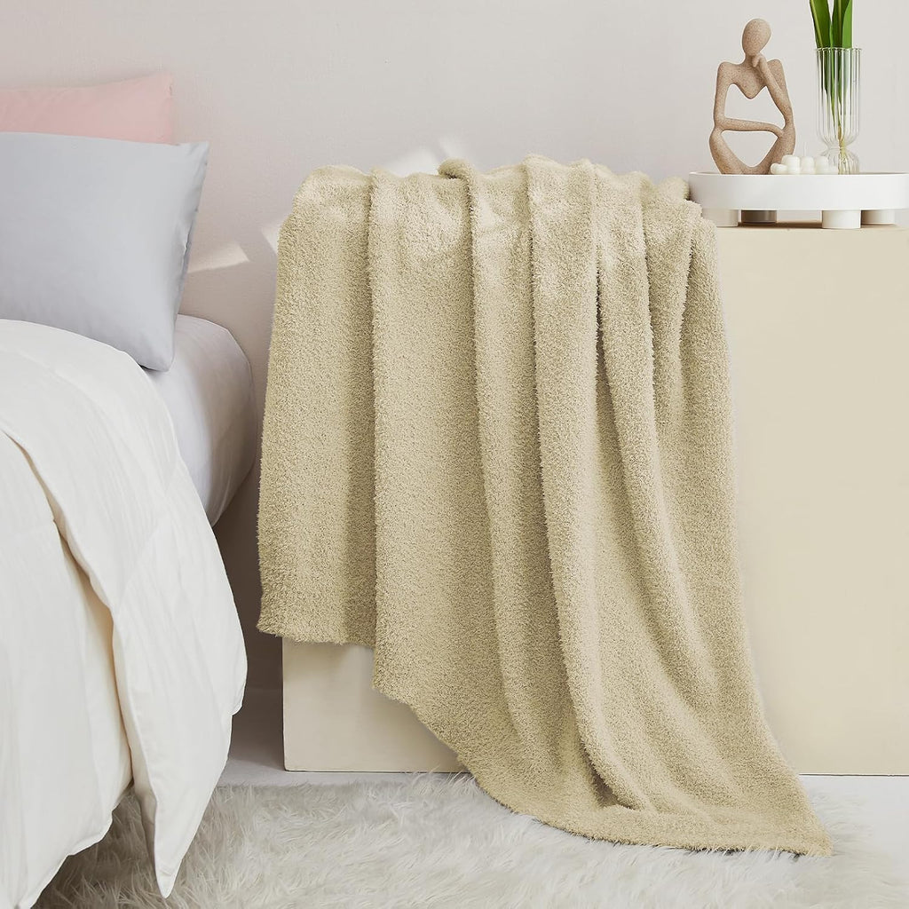 CYMULA Super Soft Twin Size Beige Knit Throw Blanket - Lightweight Plush Fuzzy Fluffy Warm Cozy Blankets and Throws for Sofa Bed All Season Use, 60x80 inches