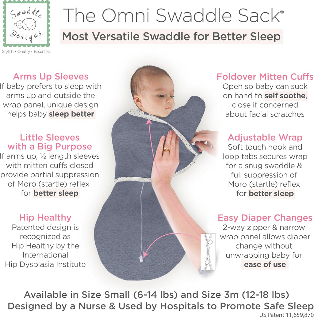 SwaddleDesigns 6-Way Omni Swaddle Sack Arms Up Swaddle for Newborn, More Options to Calm Startle Reflex, Improves Sleep