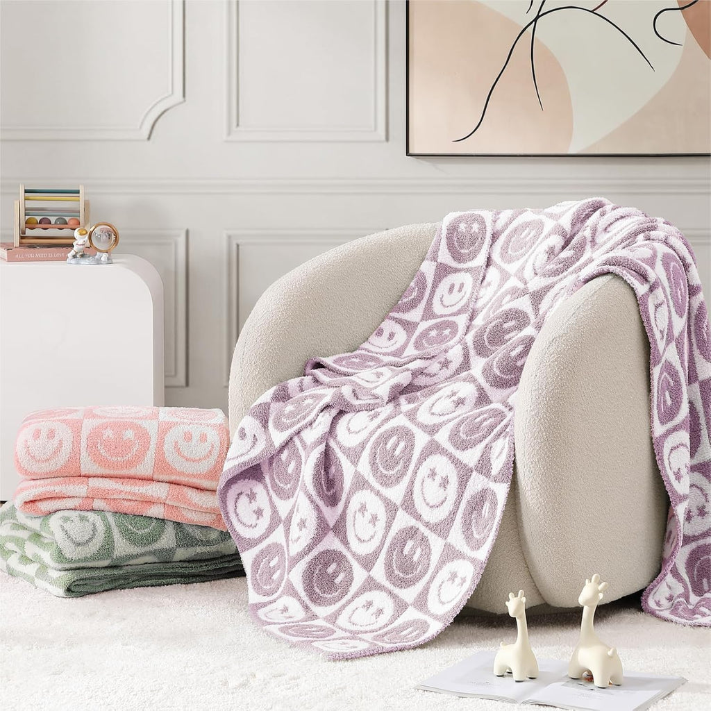 WRENSONGE Checkered Throw Blanket Lilac Smiling Face Soft Cozy Fluffy Warm Hand Made Throw Blankets for Couch, Sofa, Chair, Bed, Camping, Picnic, Travel Lightweight Bed Blanket - 50"*60"