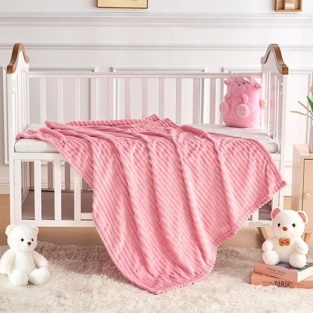 Soft Fleece Baby Blanket Ultra Cozy Pink Baby Blankets for Girls Warm and Lightweight Infant Toddler Newborn Receiving Gift with Reversible Stripes for Crib Stroller, 30x40 Inch, Dark Pink