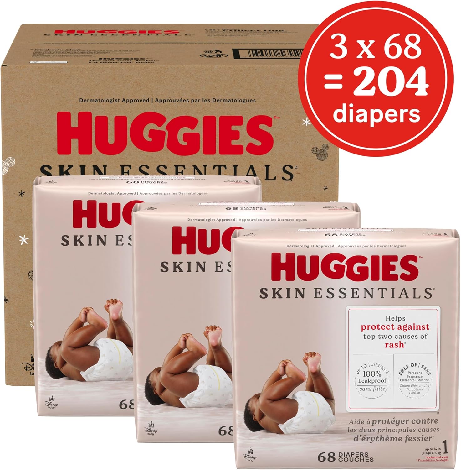 Huggies Size 1 Diapers, Skin Essentials Baby Diapers, Size 1 (8-14 lbs), 204 Count (3 Packs of 68), Packaging May Vary