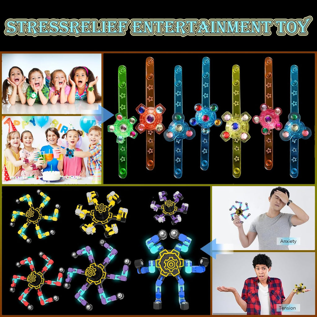 24 Pack LED Light Up Fidget Spinner Bracelets and DIY Deformable Robot Fidget Spinners,Stress Relief Toy for Kids Adults,Party Supplies,Treasure Box Toys for Classroom, Birthday Gifts