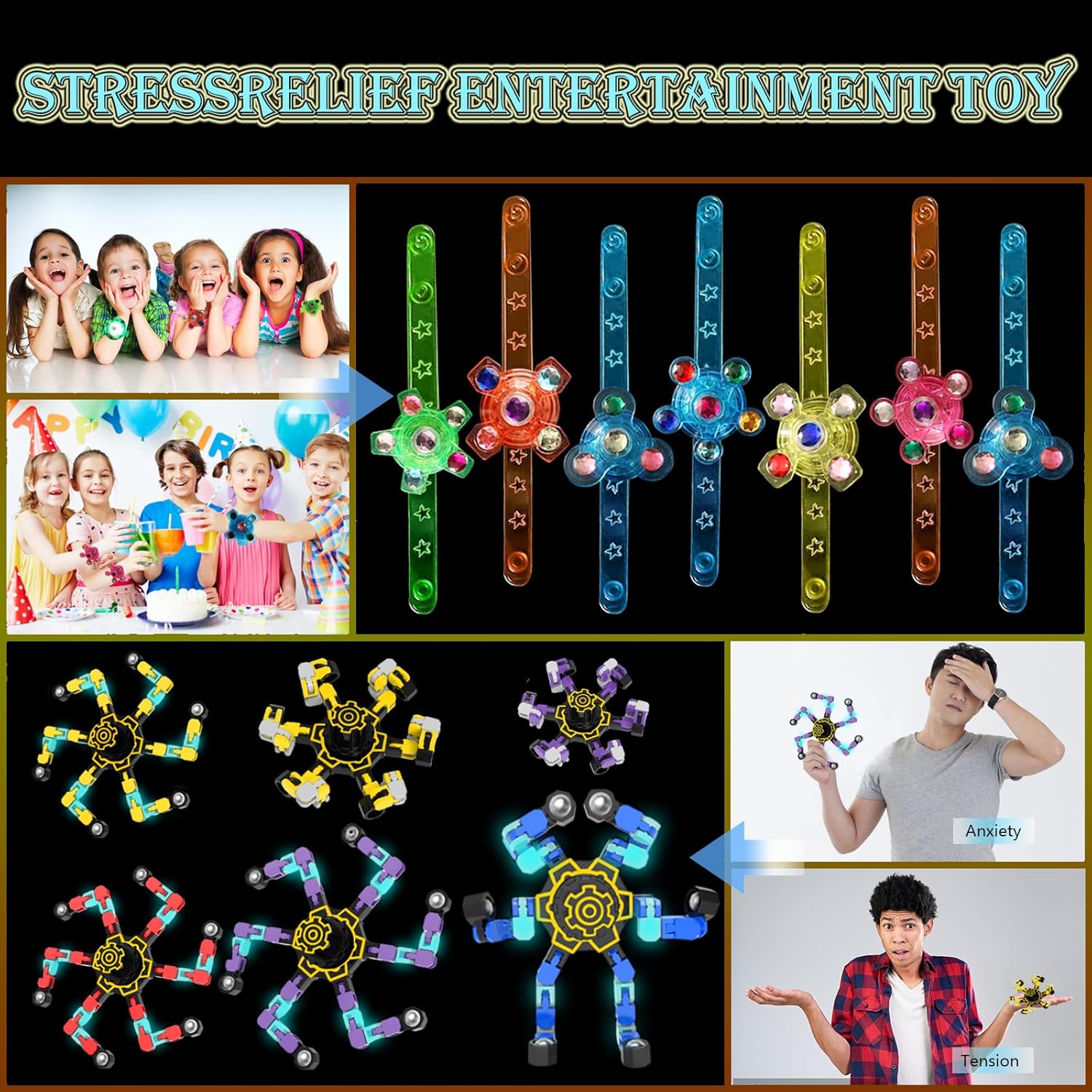 24 Pack LED Light Up Fidget Spinner Bracelets and DIY Deformable Robot Fidget Spinners,Stress Relief Toy for Kids Adults,Party Supplies,Treasure Box Toys for Classroom, Birthday Gifts