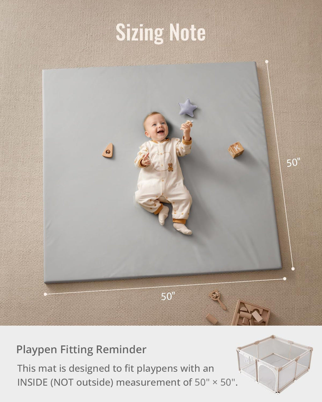 Blissful Diary Vegan Leather Baby Play Mat, 50x50 Thicken Foam Cushioned & Waterproof Playpen Mat for Infants and Toddlers, Stylish and Just Wipe-Clean Playmat for Baby Play on Floor, Light Gray