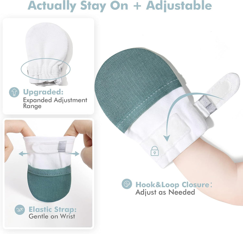 HAPIU Baby No Scratch Mittens Stay On, 100% Cotton Breathable, Adjustable Infant Gloves for Boys Girls, Newborn - 12 M