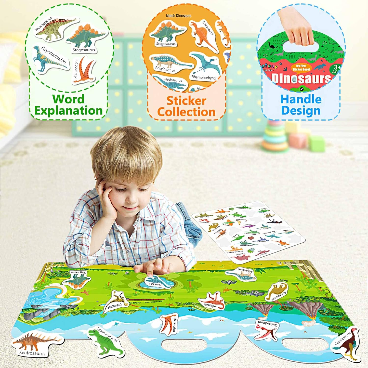 Reusable Sticker Book for Toddlers, Sticker Books for Toddlers 2-4 Years, Airplane Travel Essential for Kids, Stickers for Kids 2 3 4 5 6 Year Old Girls Boys (Dinosaurs)