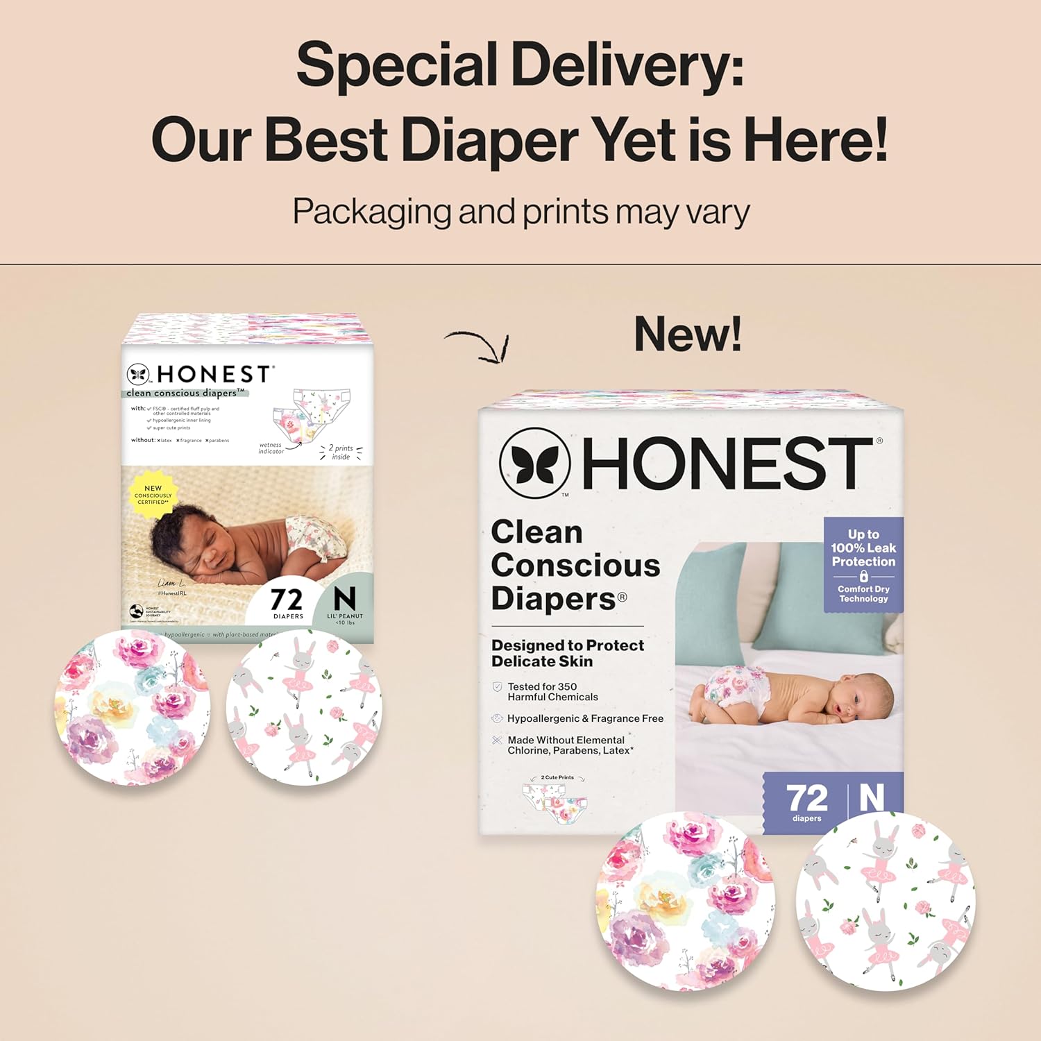 The Honest Company Clean Conscious Diapers for Delicate Skin | Up to 100% Leakproof | Hypoallergenic, Fragrance Free | Girl Prints | Club Box, Size Newborn, 72 Count (Prints May Vary)
