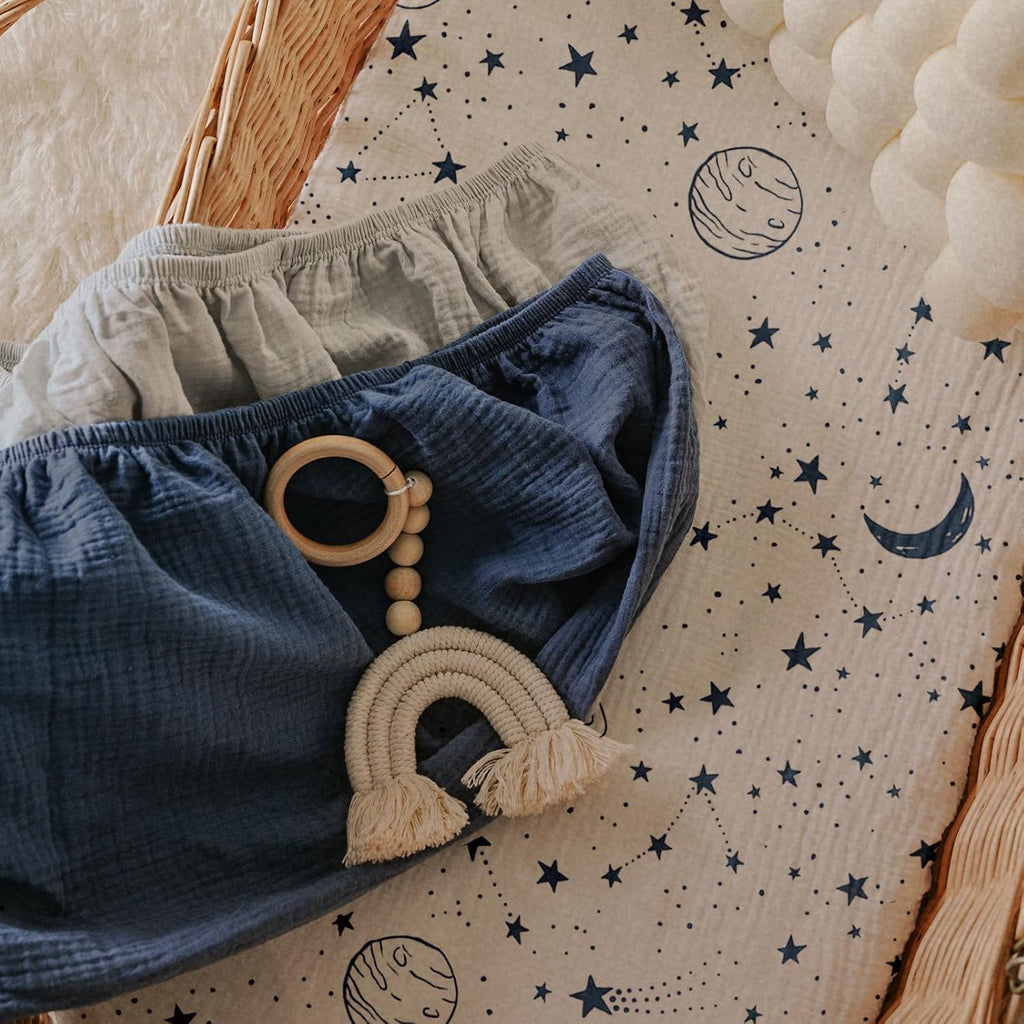 Gllquen Baby Muslin Bassinet Sheets 3 Pack, Breathable Elastic Cozy Fitted Cotton Bassinet Mattress Sheet for Baby Boy Girls, Fit for Hourglass Oval Rectangular Cradle Pad Sheets 33"x17" (Blue)