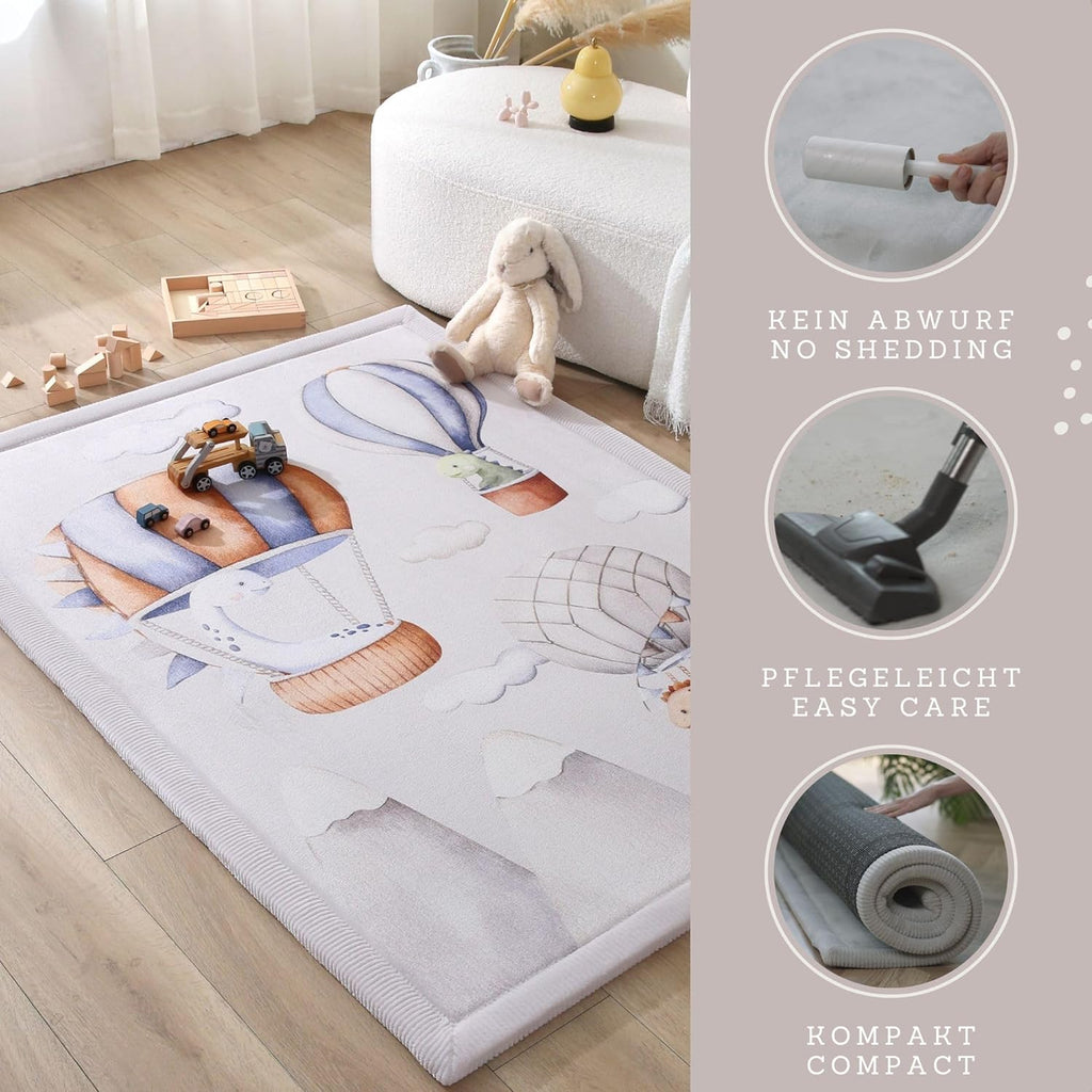 Stylish Coral Baby Play Mat for Floor 47" x 67" Dinosaur Balloons – Soft 1" Thick High-Density Memory Foam Nursery Rug,Kids Rug with Non-Slip Backing for Crawling & Playing, Playroom Rug, Kids Carpet