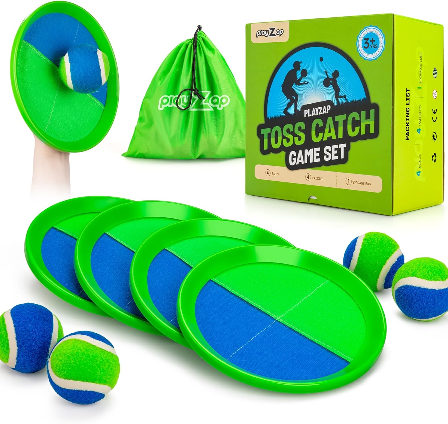 Toss and Catch Ball Set 4 Pack - Beach Toys Pool Toys Outdoor Games for Family Toddlers Kids Adults - Outside Yard Toys - Classic Birthday Gift for 3 4 5 6 7 8 9 10 11 12+ Years Old Boys Girls