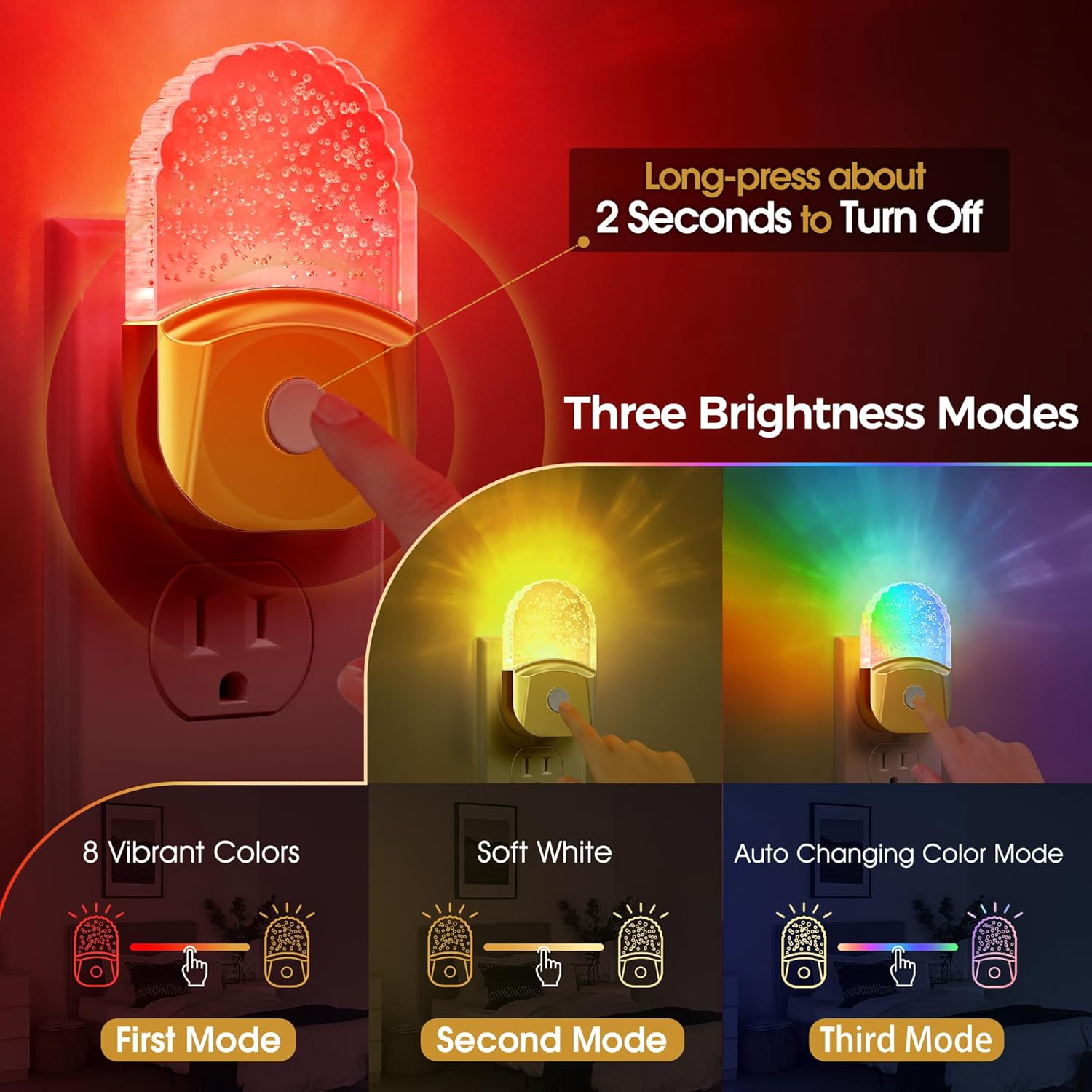 Night Lights Plug into Wall, 2 Pack, Night Light Color Changing, LED Acrylic 8 Colors RGB, Gold Cover Nightlight for Kids,Bathroom, Dusk to Dawn Sensor, Warm White 3000K for Bedroom, Hallway