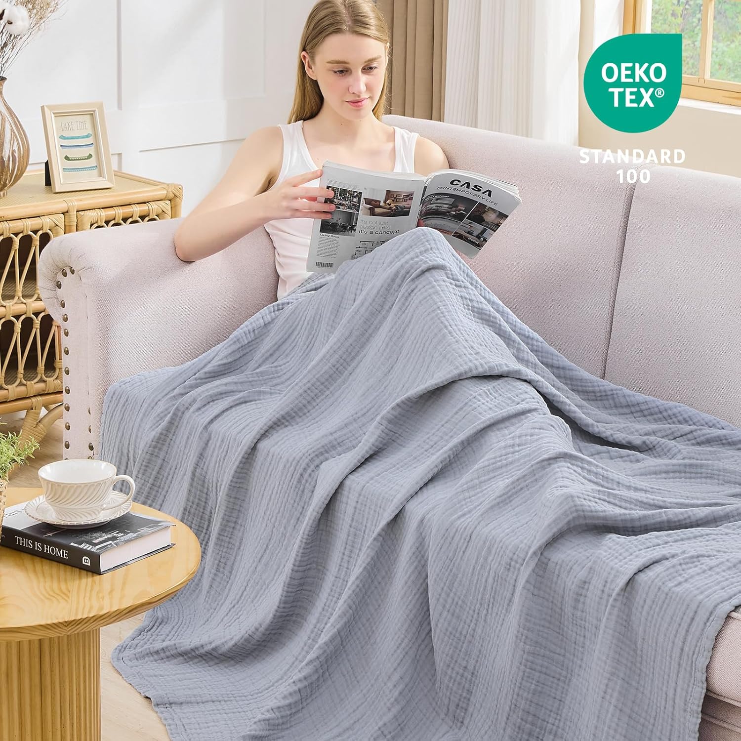 EMME Cotton Muslin Throw Blanket Couch Breathable Gauze Blanket Soft Lightweight Blankets Adults (Dusty Blue, 50"x60")