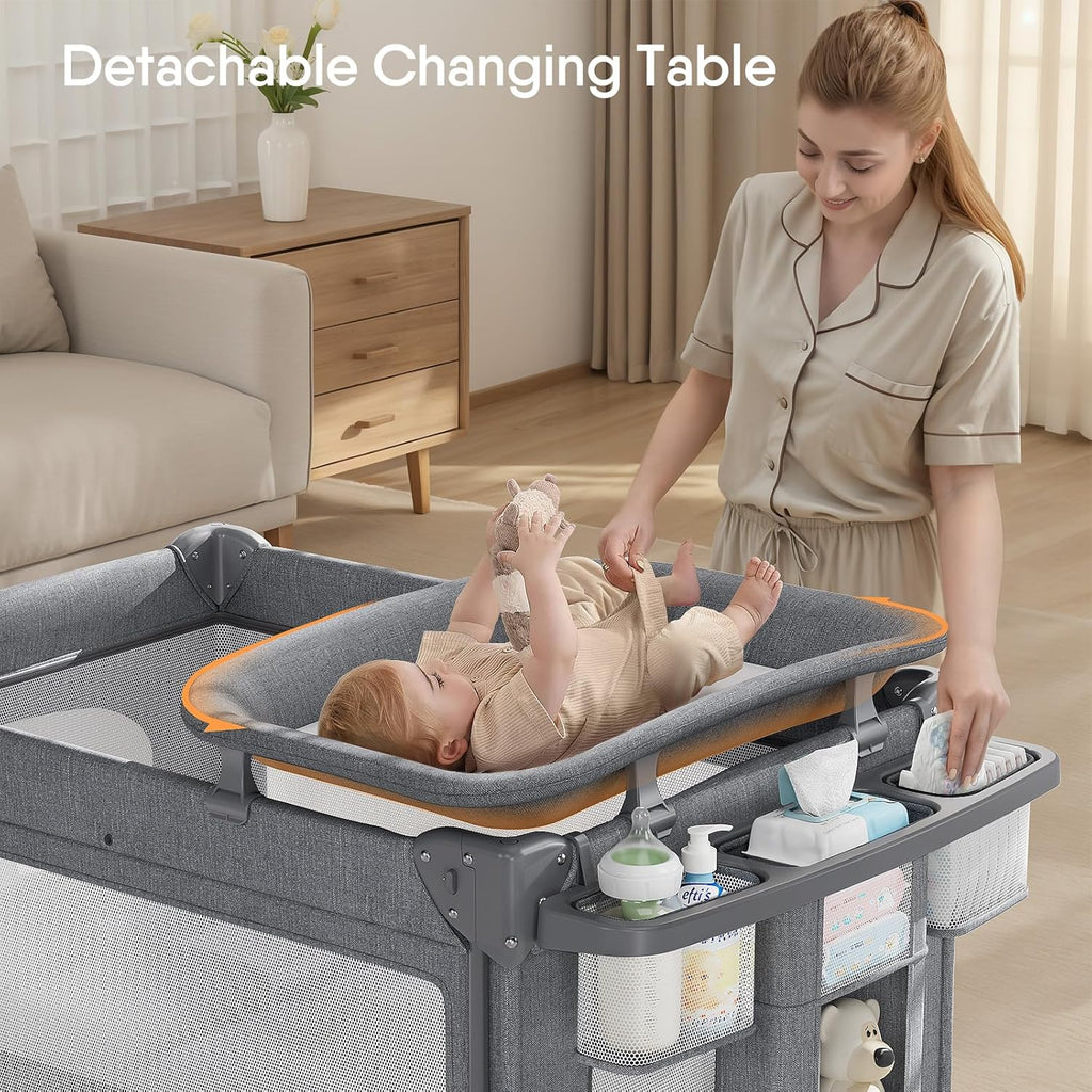 4 in 1 Baby Bassinet, Pack and Play, Bedside Crib Sleeper, Diaper Changer, Quickly Assembled and Folded Portable Crib with Mattress and Mosquito Net, Easy to Carry