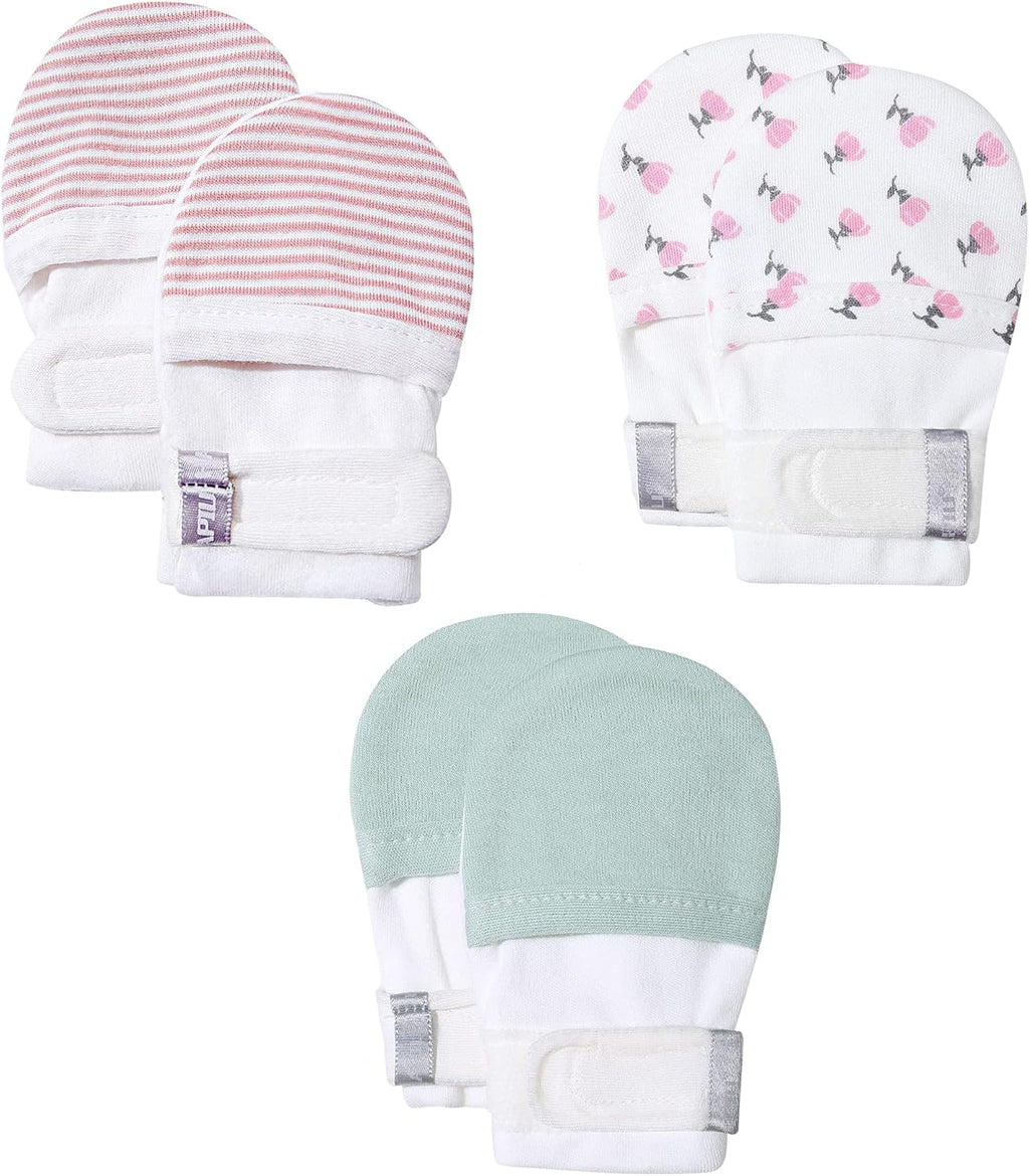 HAPIU Baby No Scratch Mittens Stay On, 100% Cotton Breathable, Adjustable Infant Gloves for Boys Girls, Newborn - 12 M