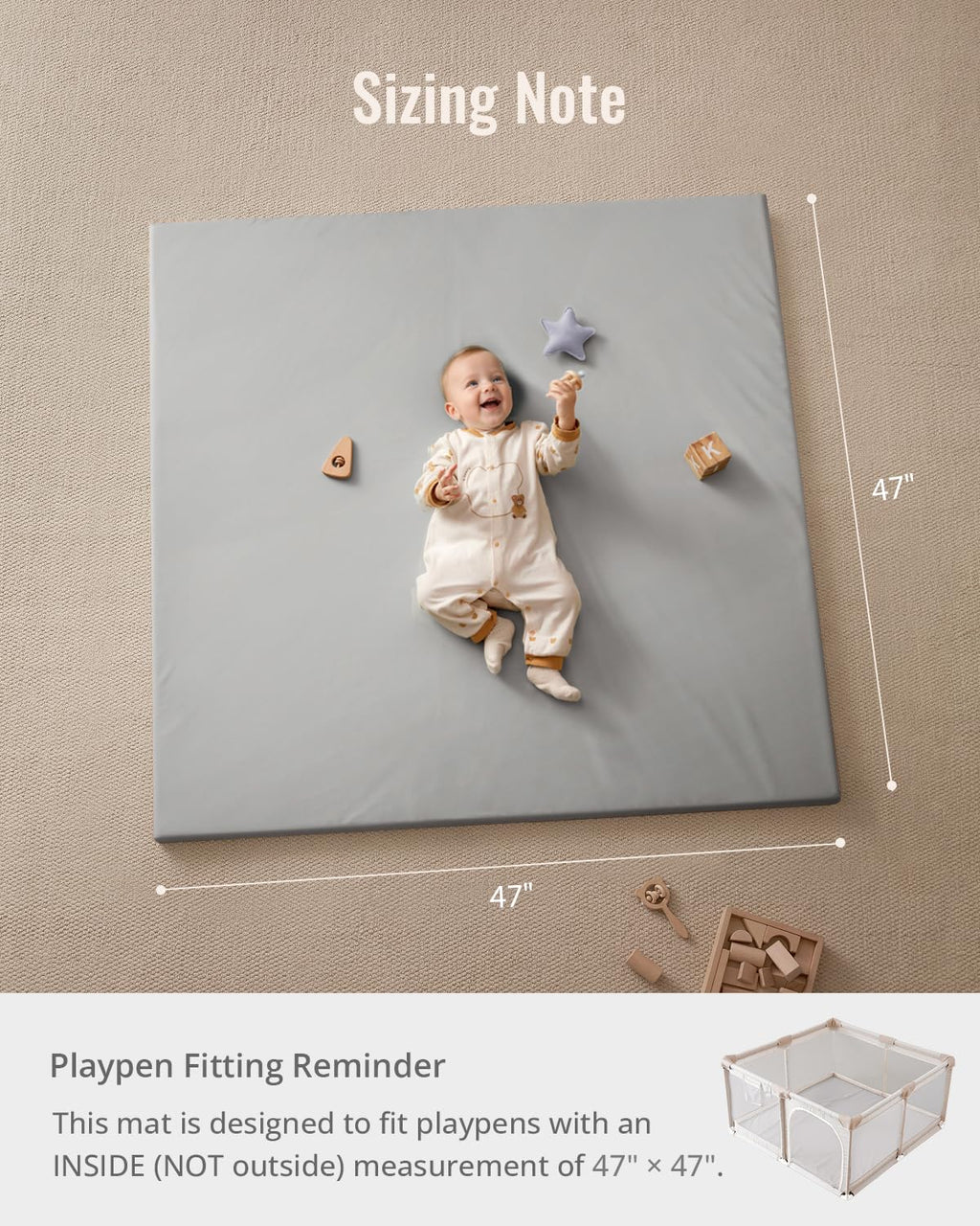 Blissful Diary Vegan Leather Baby Play Mat, 47x47 Thicken Foam Cushioned & Waterproof Playpen Mat for Infants and Toddlers, Stylish and Just Wipe-Clean Playmat for Baby Play on Floor, Light Gray