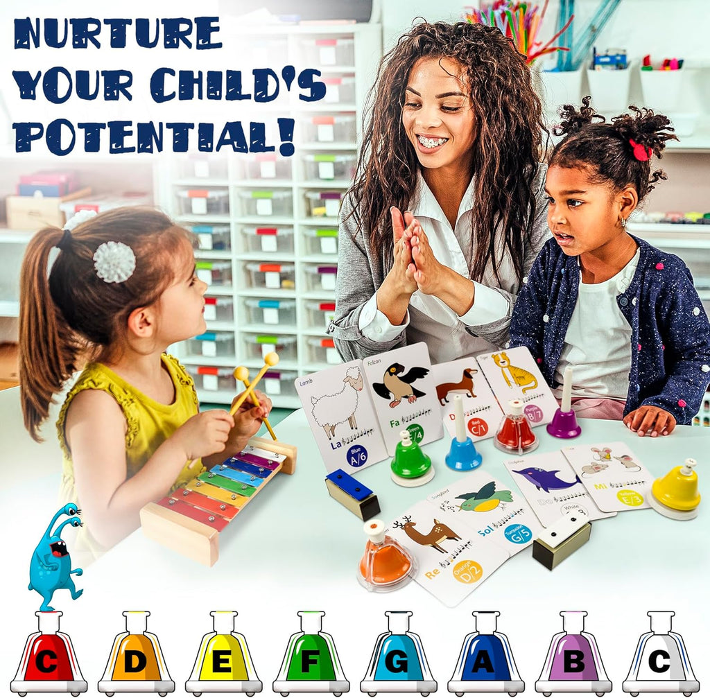 MINIARTIS Desk Bells for Kids | Educational Music Toys for Toddlers 8 Notes Colorful Hand Bells Set | Kids Musical Instrument with 15 Songbook | Great Birthday Gift for Children