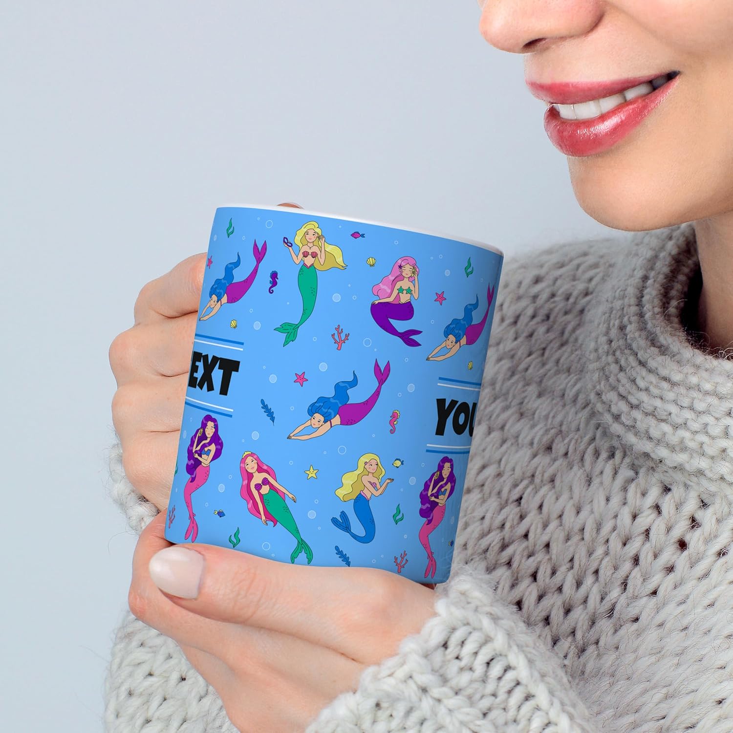 Personalized Mug for Kids - Mermaids - Custom Name/Text, Ceramic Hot Chocolate/Cocoa/Coffee Cup for Girls, Birthday/Christmas/Holiday Gift - 11 oz, Navy Blue Handle