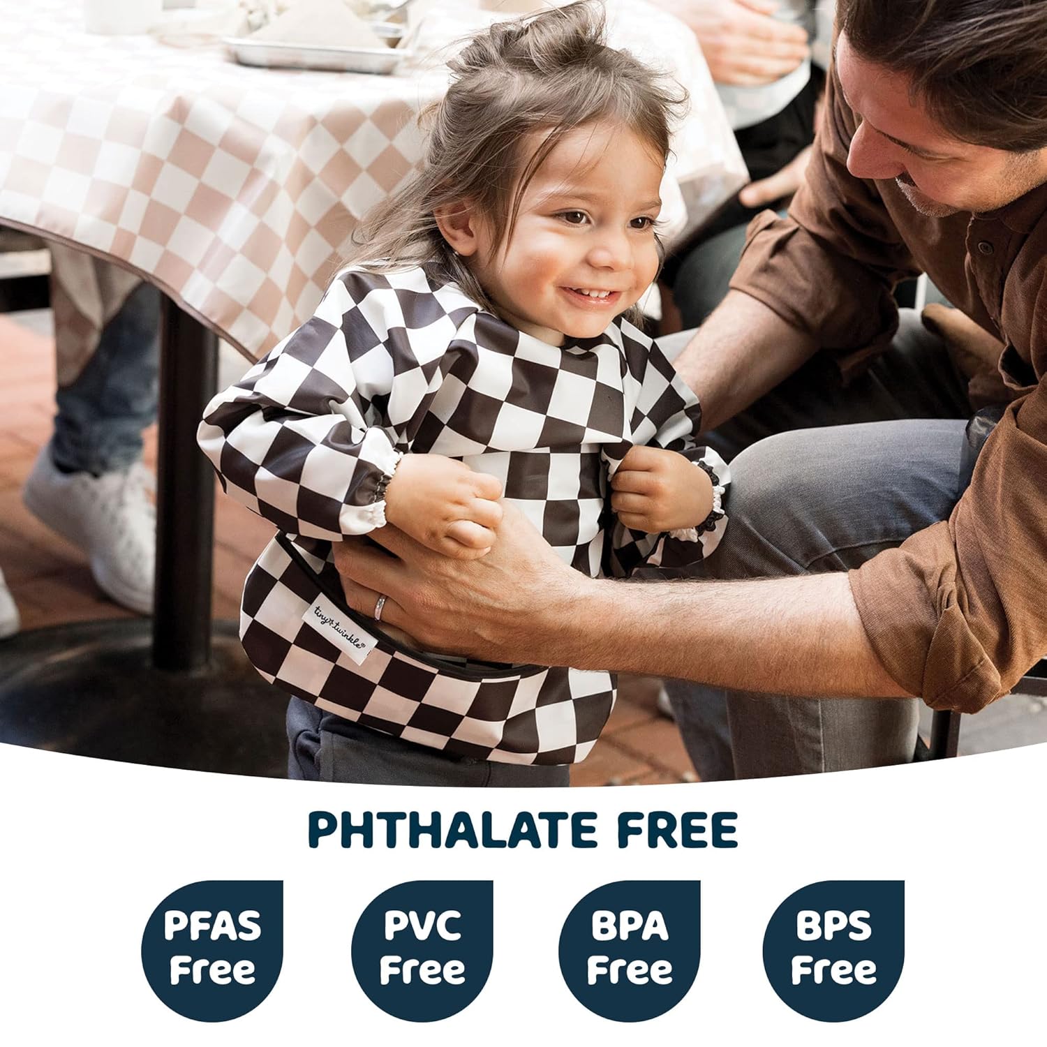 Tiny Twinkle Mess Proof Baby Bib,Waterproof Smock Baby Bib for Eating,Machine Washable Long Sleeve Bib,Baby Led Weaning,Toddler Bib,BLW Supplies(Checkers Black, Small 6-24 Months)