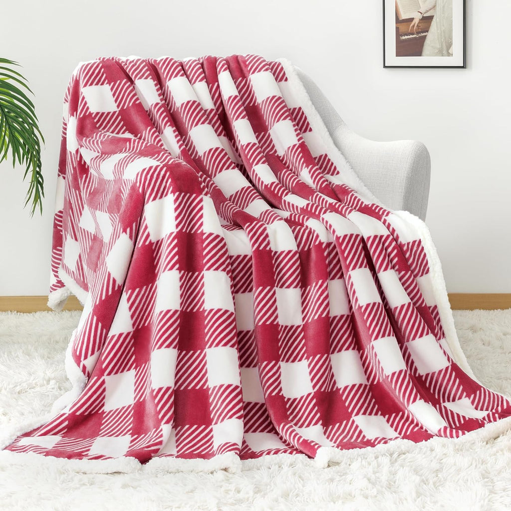 Touchat Sherpa Plaid Twin Blanket 60" X 70", Fuzzy Fluffy Soft Cozy Throw Blanket, Twin Size Plush Fleece Flannel Plush Microfiber Blanket for Couch Bed Sofa (RustRed)