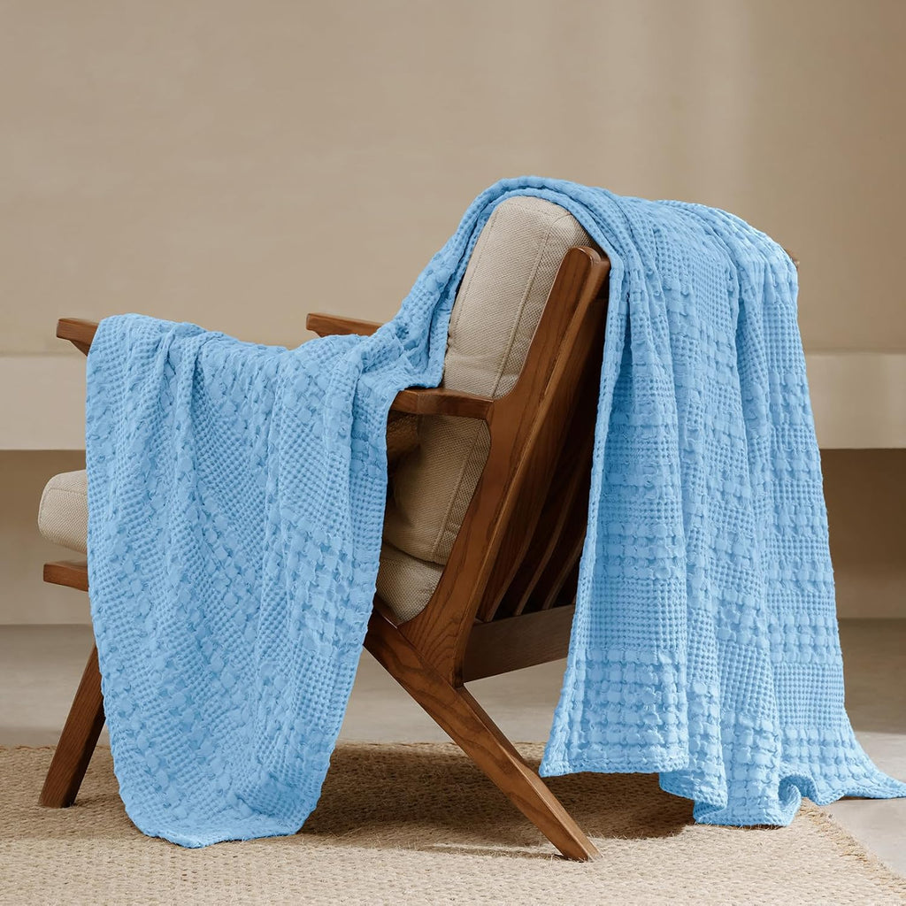 PHF 100% Cotton Waffle Weave Throw Blanket, Soft Lightweight Breathable Cozy Summer Throws for Couch Bed Sofa, Luxury Aesthetic Woven Blanket for Home Decor & Office, 50"x60", Sky Blue