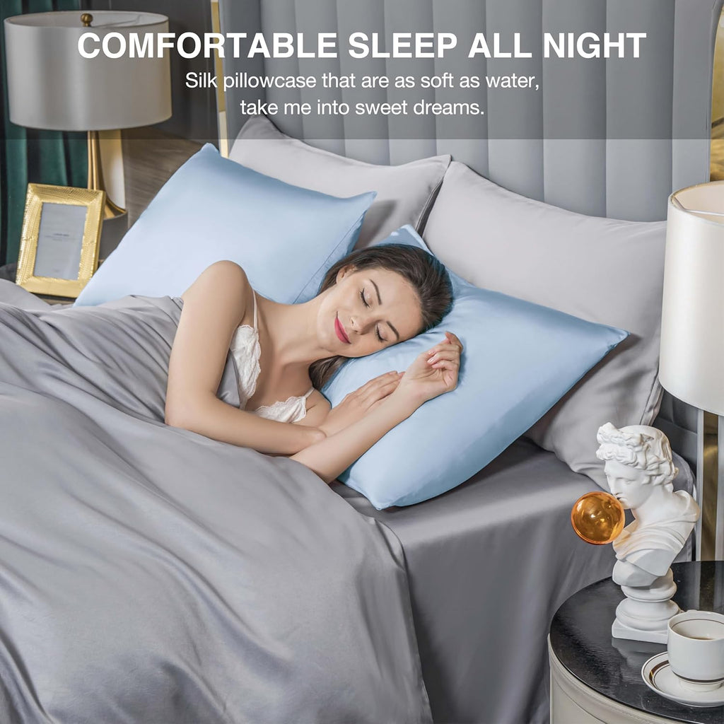 Mulberry Silk Pillowcase for Hair and Skin,Cooling Silk Pillow Case with Hidden Zipper,Allergen Proof Dual Sides Soft Breathable Smooth Silk Pillow Cover for Women (Light Blue,Queen)