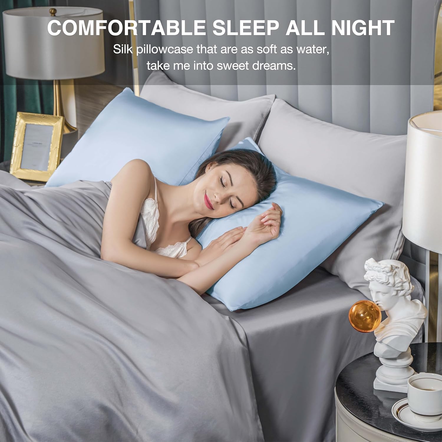 Mulberry Silk Pillowcase for Hair and Skin,Cooling Silk Pillow Case with Hidden Zipper,Allergen Proof Dual Sides Soft Breathable Smooth Silk Pillow Cover for Women (Light Blue,King)