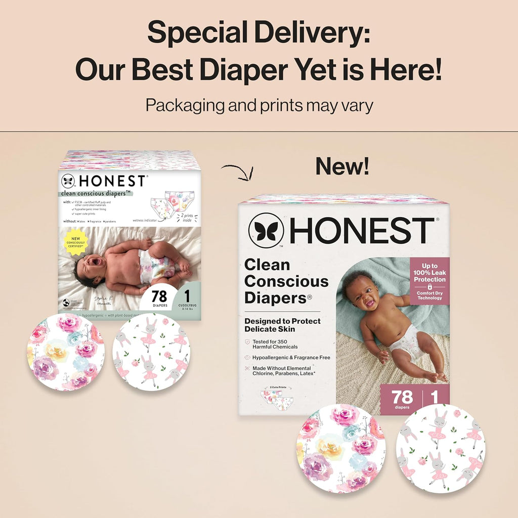 The Honest Company Clean Conscious Diapers for Delicate Skin | Up to 100% Leakproof | Hypoallergenic, Fragrance Free | Girl Prints | Club Box, Size 1 (8-14 lbs), 78 Count (Prints May Vary)