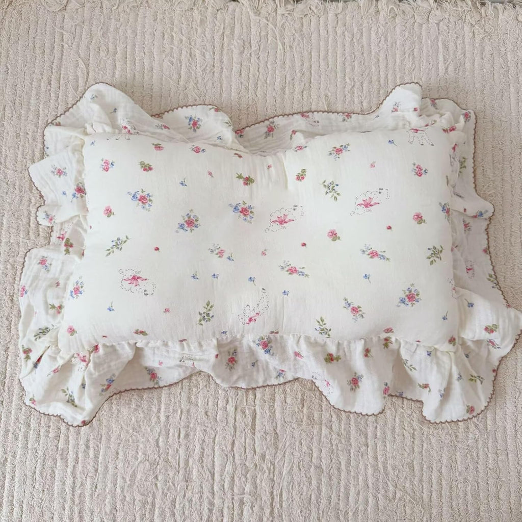 BuLuTu 100% Cotton Standard Pillow Case for Kids, 1 pc, 20"x26", Pink Floral Sheep Design Pillow Cover Muslin Gauze Pillow Protector for Children Girls Boys Bedding Gift, Envelope Closure