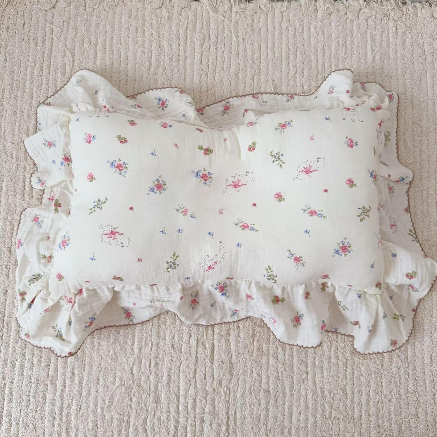 BuLuTu 100% Cotton Standard Pillow Case for Kids, 1 pc, 20"x26", Pink Floral Sheep Design Pillow Cover Muslin Gauze Pillow Protector for Children Girls Boys Bedding Gift, Envelope Closure