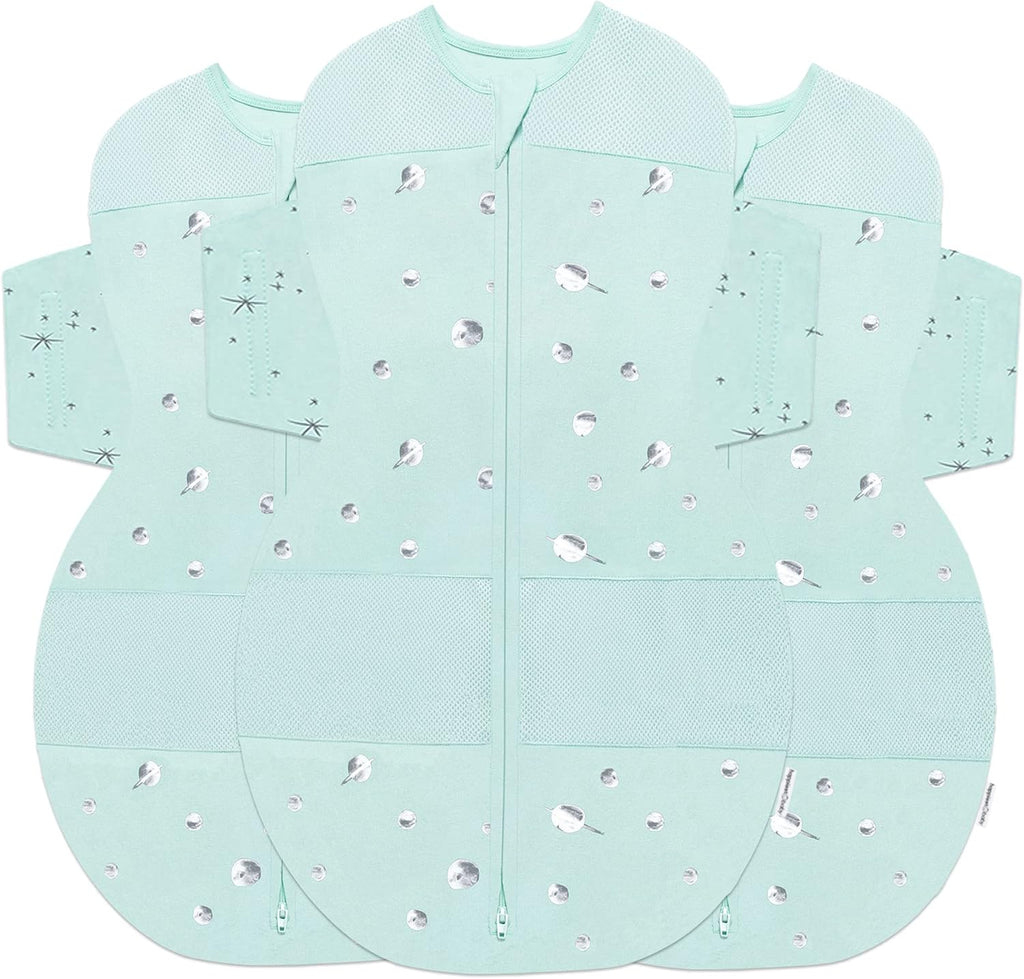 Happiest Baby SNOO Sleep Sack - 100% Organic Cotton Baby Swaddle Blanket - Doctor Designed Promotes Healthy Hip Development - 3-Pack Bundle (Teal Planets, S, M, L)