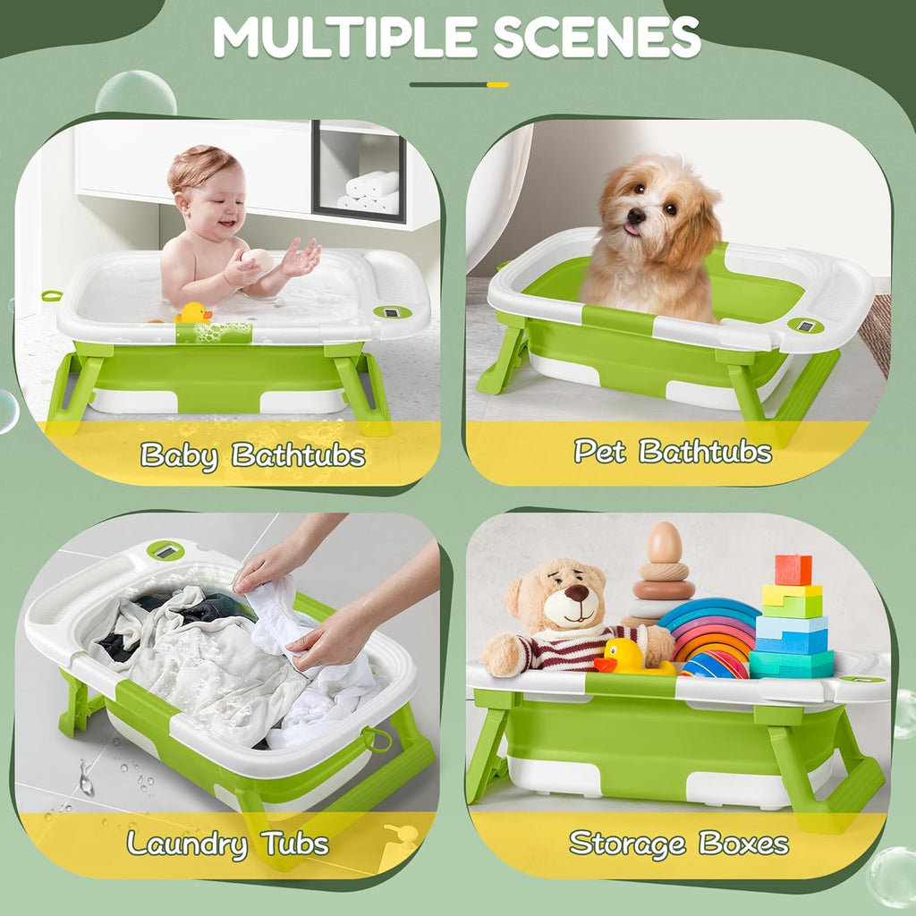 Collapsible Baby Bathtub,Baby Bath Tub with Thermometer & Soft Cushion,Baby Bathtub for Newborn to Toddler 0-36 Months,Portable Travel Baby Tub with No-Slip Feet,Baby Shower Gifts,Green
