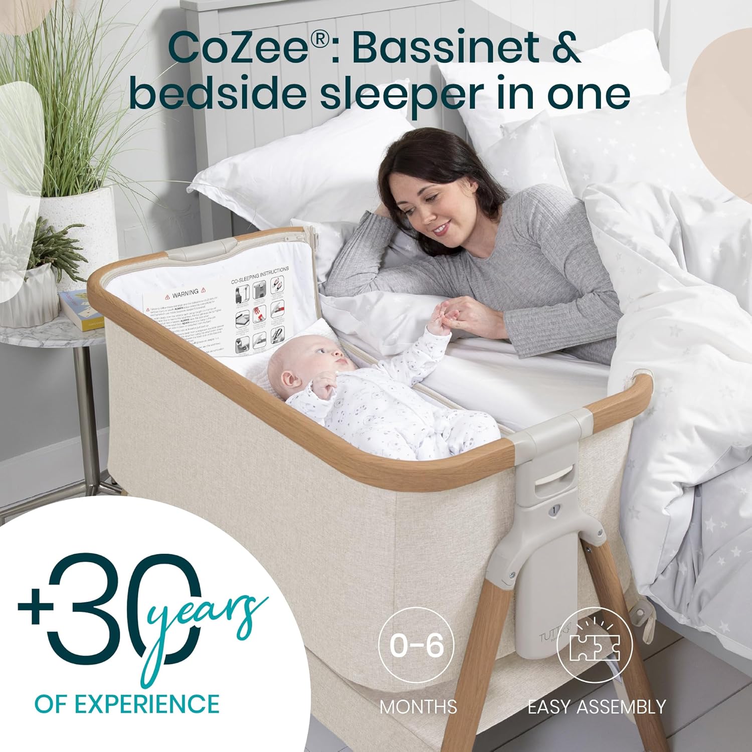 CoZee® 2-in-1 Baby Bassinet & Bedside Sleeper - Fast-Folding Bedside Bassinet, Baby Crib with 6 Mattress Heights & Breathable Mesh Window, Mattress Included, 0-6 Months (Walnut & Ecru)