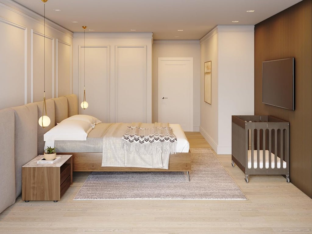 Foundations Boutique Compact Folding Crib 3 Pack for Hotels, Wood Crib, Commercial Casters, Includes 3" Foam Crib Mattress (Dapper Gray)